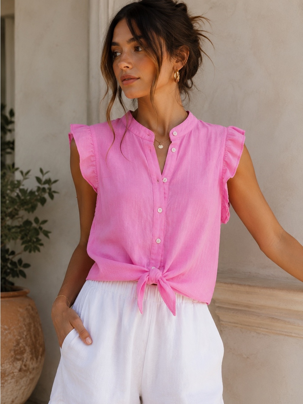 Lilly Pulitzer Pink Linen Ruffle Sleeve Button Down Blouse | Small